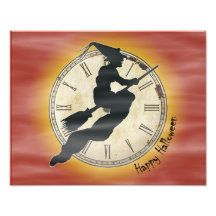 Retro Halloween Witch on a Broom Art Photo