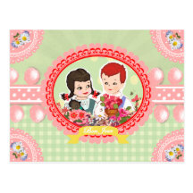 Retro Kitsch Flower Children on Gingham - Postcard