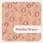Retro Owls Square Name Stickers