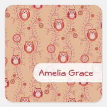 Retro Owls Square Name Stickers