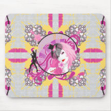 Retro Pink Haired Girl With Lollipop & Flowers Mouse Pad