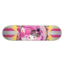 Retro Pink Haired Girl With Lollipop & Flowers Skate Boards