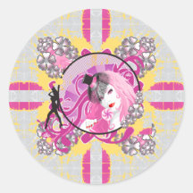 Retro Pink Haired Girl With Lollipop & Flowers Sticker