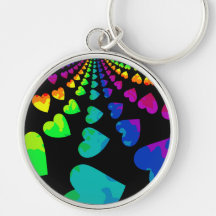 Retro rainbow hearts on black round key chain