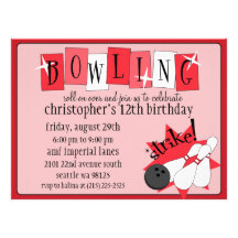 Retro Red Totally Retro Bowling Birthday Party Custom Announcements