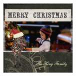 Retro Rose Zebra Black Christmas Photo Card