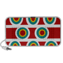 Retro white teal yellow circles on burgundy travelling speakers
