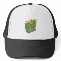 Reusable shopping bag full of groceries hats