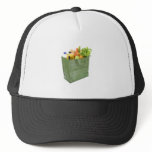 Reusable shopping bag full of groceries hats