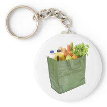 Reusable shopping bag full of groceries key chains