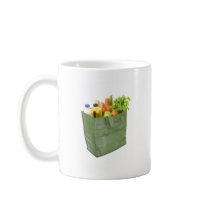 Reusable shopping bag full of groceries mugs