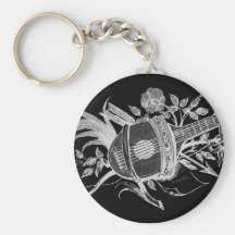 Reverse black and white of a lute and flowers keychains