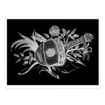 Reverse black and white of a lute and flowers post card