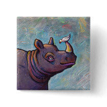 Rhinoceros art little bird gossip fun painting pinback buttons