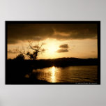 rising sun on lake posters