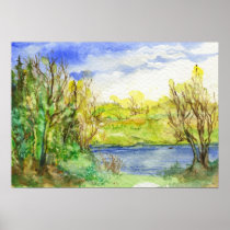 River in the Forest Watercolor Landscape Painting