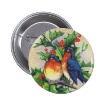 Robins & Holly Christmas Pinback Buttons