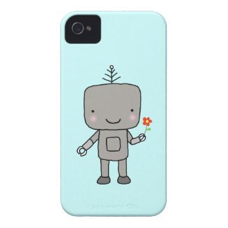 Robot Aqua Blue Cute Robot Sweet Smile with Flower Case-Mate iPhone 4 Case
