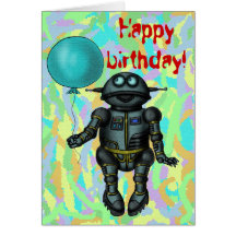 Robot drôle avec la carte de joyeux anniversaire d