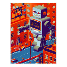 robot invasion postcard