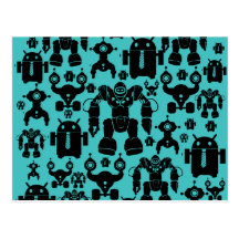 Robots Rule Fun Robot Silhouettes Pattern Blue Post Cards