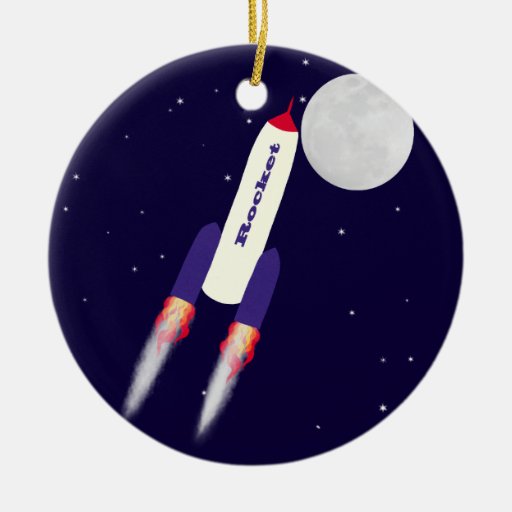 Rocket of Red White and Blue in Space Cartoon Art Ornaments