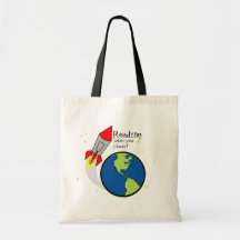 rocket READING teacher or librarian tote Bags