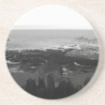 Rocky Beach. Scenic Coastal View. Black and White. Drink Coasters