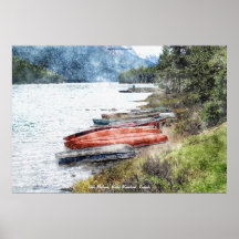 Rocky Mountain Lake & Canoes Watercolor Art Poster