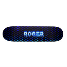 Roger skateboard blue fire and flames design.
