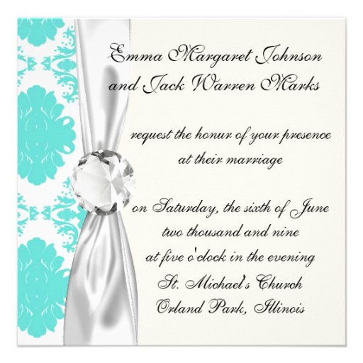 romantic aqua blue on white elegant damask personalized invite