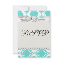romantic aqua blue white damask design custom invites