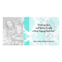 romantic aqua blue white damask design photo card template