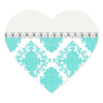 romantic aqua blue white damask design heart sticker