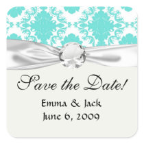 romantic aqua blue white damask design square stickers