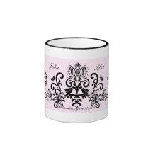 Romantic damask love birds wedding mug with text