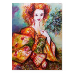 ROMANTIC LADY AND PEACOCK FEATHER Teal Blue Damask Postcards