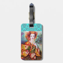 ROMANTIC LADY WITH PEACOCK FEATHER DAMASK MONOGRAM TAG FOR LUGGAGE