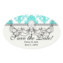 romantic tiff blue on white elegant damask oval sticker