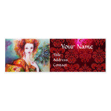 ROMANTIC WOMAN WITH PEACOCK FEATHER Red  Damask Business Card