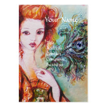 ROMANTIC WOMAN WITH SPARKLING PEACOCK FEATHER BUSINESS CARDS