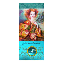 ROMANTIC WOMAN WITH SPARKLING PEACOCK FEATHER PERSONALIZED INVITATION