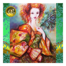 ROMANTIC WOMAN WITH SPARKLING PEACOCK FEATHER ANNOUNCEMENTS