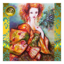 ROMANTIC WOMAN WITH SPARKLING PEACOCK FEATHER ANNOUNCEMENTS