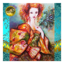 ROMANTIC WOMAN WITH SPARKLING PEACOCK FEATHER PERSONALIZED ANNOUNCEMENT