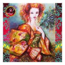 ROMANTIC WOMAN WITH SPARKLING PEACOCK FEATHER INVITES