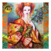 ROMANTIC WOMAN WITH SPARKLING PEACOCK FEATHER ANNOUNCEMENTS
