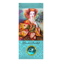 ROMANTIC WOMAN WITH SPARKLING PEACOCK FEATHER CUSTOM INVITES