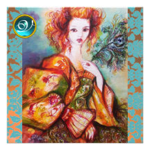 ROMANTIC WOMAN WITH SPARKLING PEACOCK FEATHER INVITATIONS