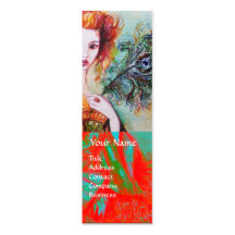 ROMANTIC WOMAN WITH SPARKLING PEACOCK FEATHER Red Business Cards